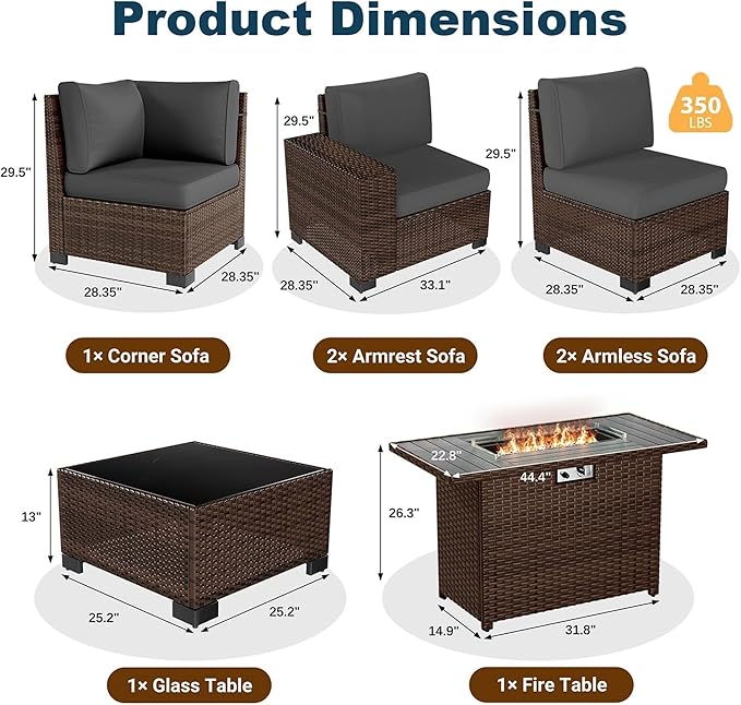 Patio Furniture Set with Fire Pit Table, 7 Piece Outdoor Sectional Conversation - Image 5
