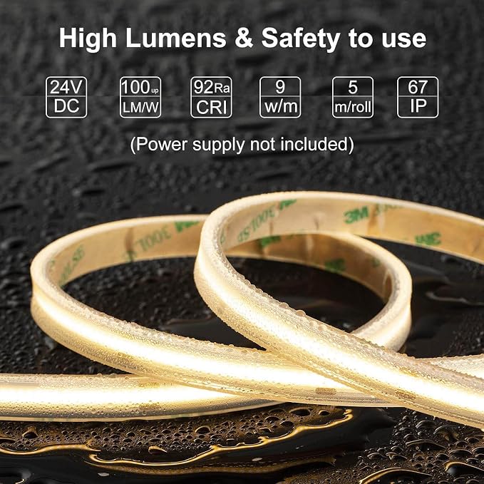 COB LED Strip Lights Waterproof IP67 DC24v Warm White 3000K 16.4ft/5m High CRI - Image 2