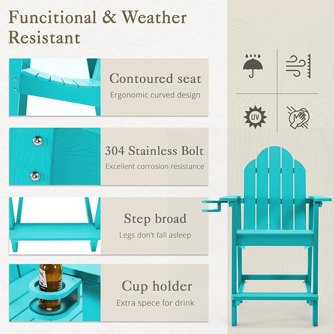 LUE BONA Tall Adirondack Chair Set of 2, All Weather HDPS Bar Height Adirondack - Image 4