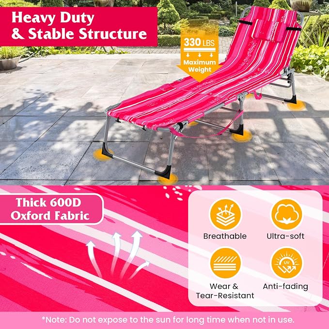 GYMAX Tanning Chair, 330LBS Beach Lounge Chair w/Face Arm Hole & Shoulder Strap - Image 7