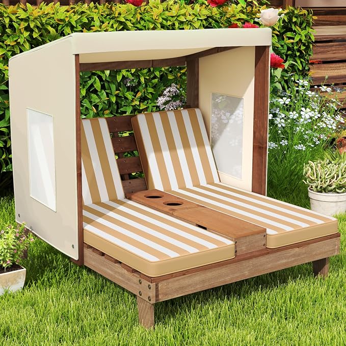 Costzon Kids Lounge Chair Outdoor, Wood Double Seat Chaise Lounge - Image 9