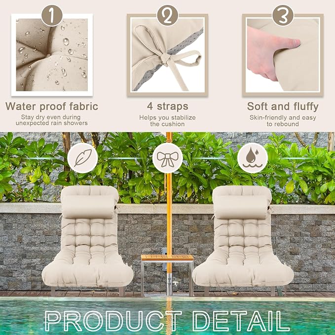 Tudomro 2 Pcs Light Beige 66'' Outdoor Chaise Lounge Cushion Waterproof Patio - Image 3