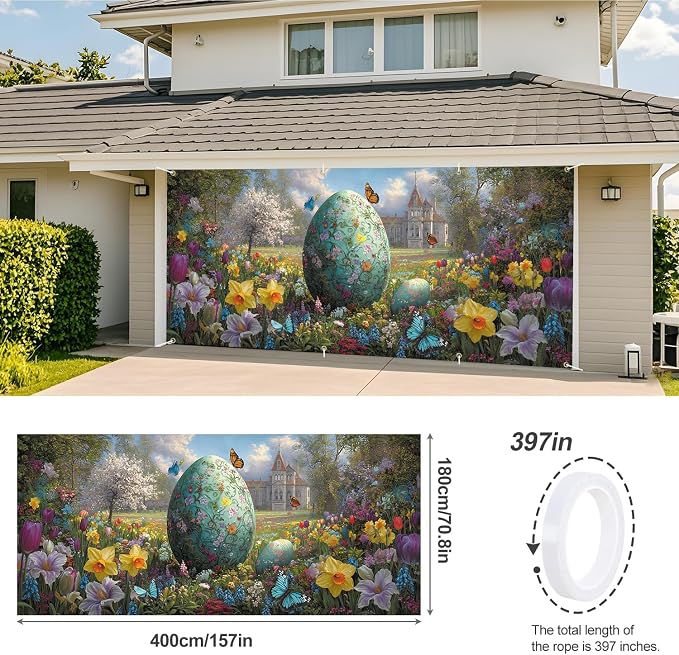 ANNA QUEEN Easter Garage Door Banner 6x13FT, Giant Floral Easter Egg Garden - Image 3
