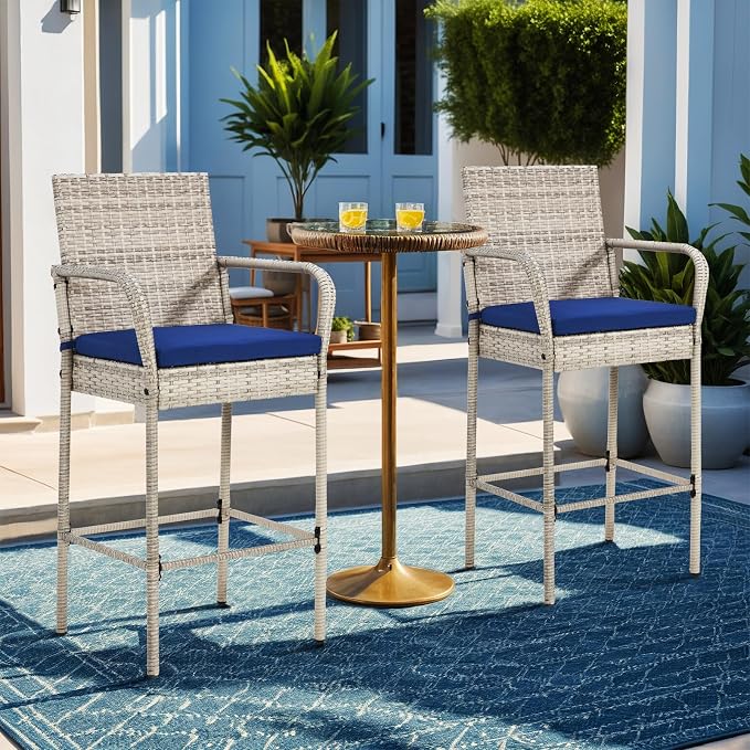 ECOTOUGE Set of 4 Patio Wicker Barstool, Outdoor Rattan Bar Height Chairs - Image 7