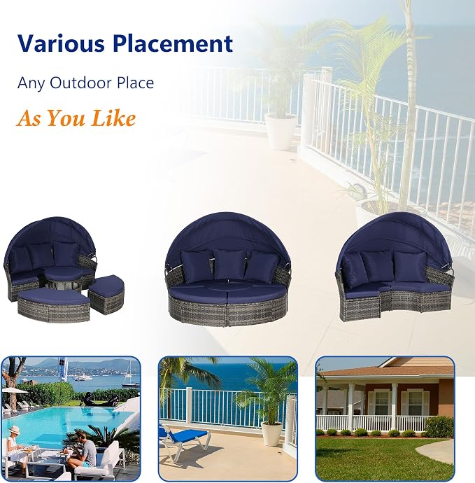 Merax 5 Pieces Outdoor Patio Round Daybed Furniture, All-Weather Wicker - Image 4