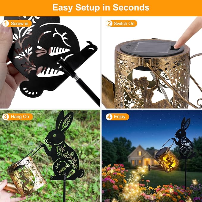 Solar Watering Can Light with Bunny Silhouette Stake & Fairy Design - Image 7