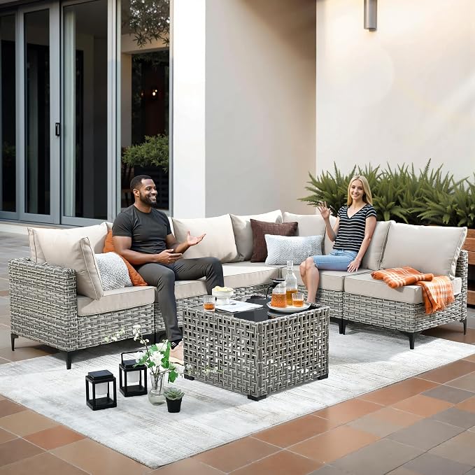 9-Piece Outdoor Sectional Sofa Set w/ 42" Fire Pit – L-Shaped Wicker Patio - Image 3