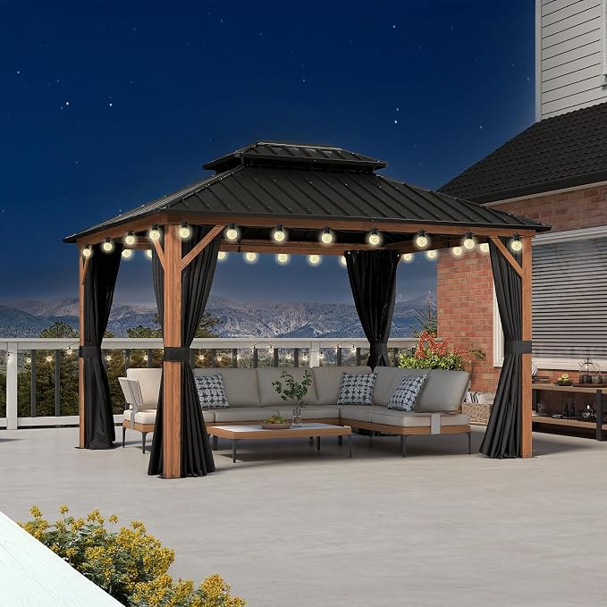 PURPLE LEAF 10' X 12' Hardtop Gazebo Outdoor Wood Grain Aluminum Frame - Image 2