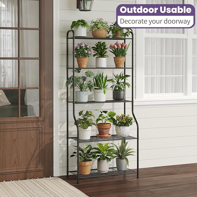 5-Tier Corner Plant Stand, Metal Black Flower Pot Rack, Indoor Outdoor Heavy - Image 4