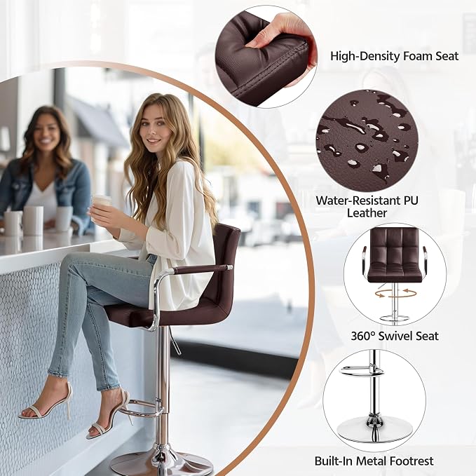 Yaheetech Bar Stools Set of 2, Adjustable PU Leather Swivel Barstools, Modern - Image 6