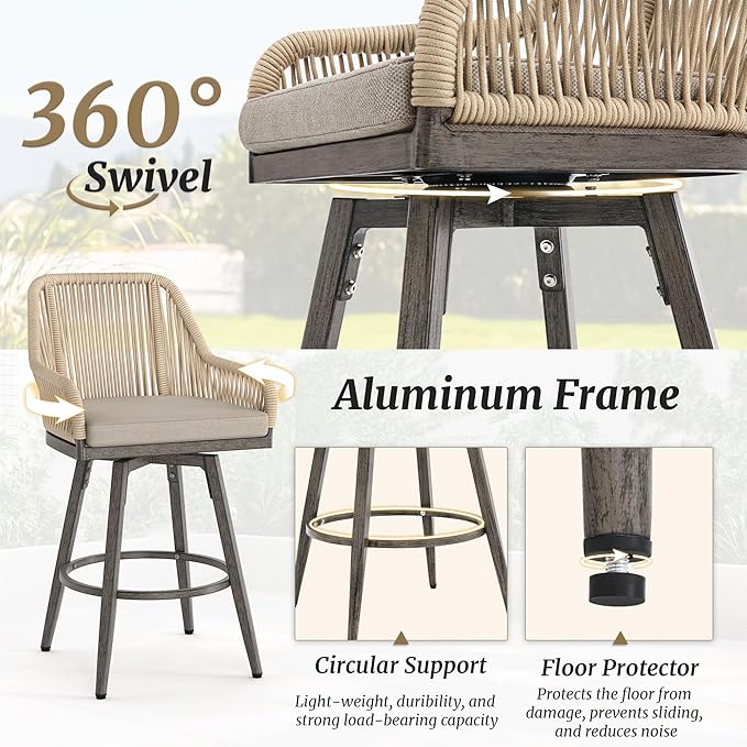 Outdoor Bar Stools Set of 6, 360° Swivel Aluminum Rattan Bar Stool - Image 6