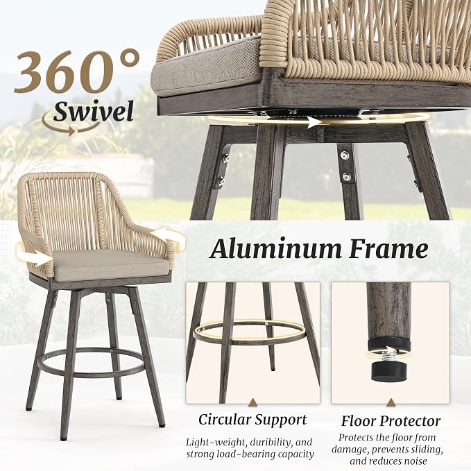 Outdoor Bar Stools Set of 4, 360° Swivel Aluminum Rattan Bar Stool - Image 6