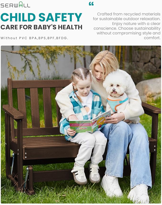 SERWALL 2 Person Patio Glider Rocking Chair, HDPE Material Weather-Resistant - Image 7