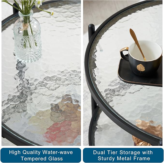 VINGLI 25.6" Small Matte Black Round Coffee Table Water-Wave Glass Circle Clear - Image 6