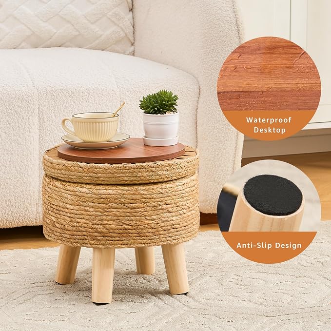 Cpintltr Storage Ottoman Poufs Handwoven Footstool Natural Seagrass Round - Image 5