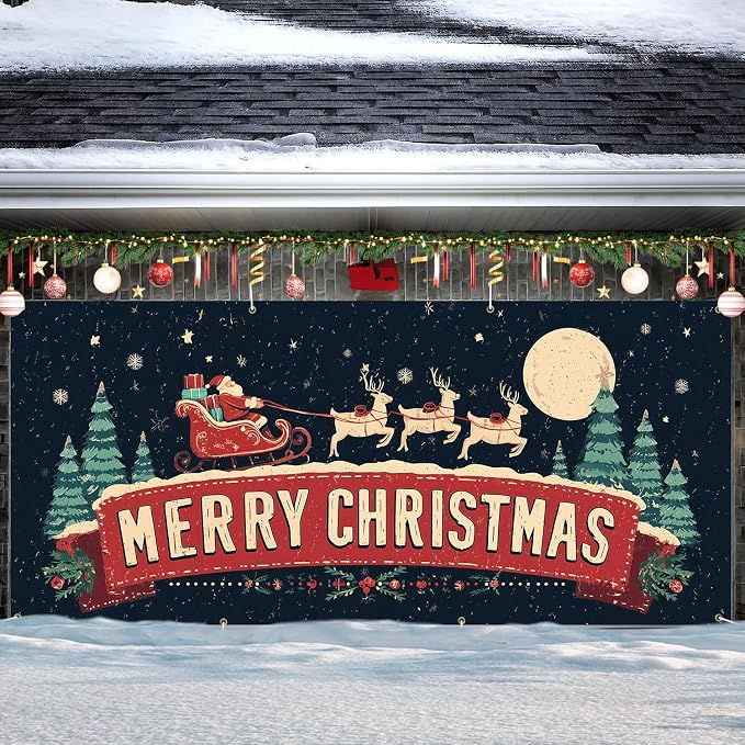 ANNA QUEEN Christmas Garage Door Banner 6×13 FT, Retro Santa Sleigh & Merry - Image 2
