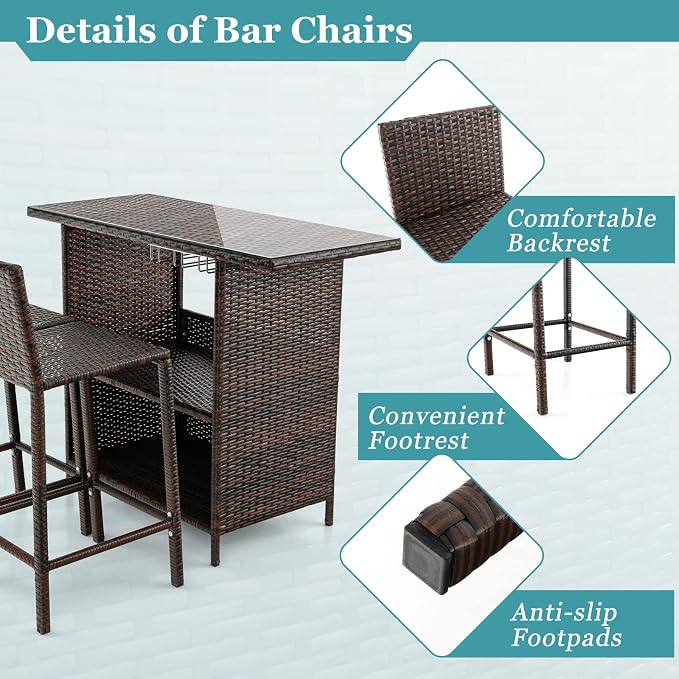 Tangkula Outdoor Bar Set, 3 Pieces Patio Wicker Bar Height Table and Chair Set - Image 7