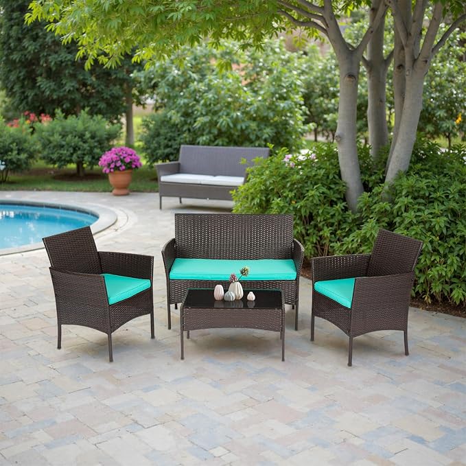 FDW | 4-Piece Patio Furniture Set | Brown & Blue | Outdoor Wicker Furniture - Image 7