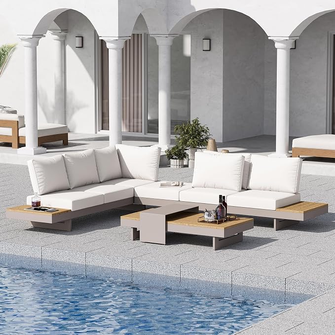 homary 6 Piece Aluminum & Teak Outdoor Sofa Set, Patio Sofa Seat L-Shaped by Homary