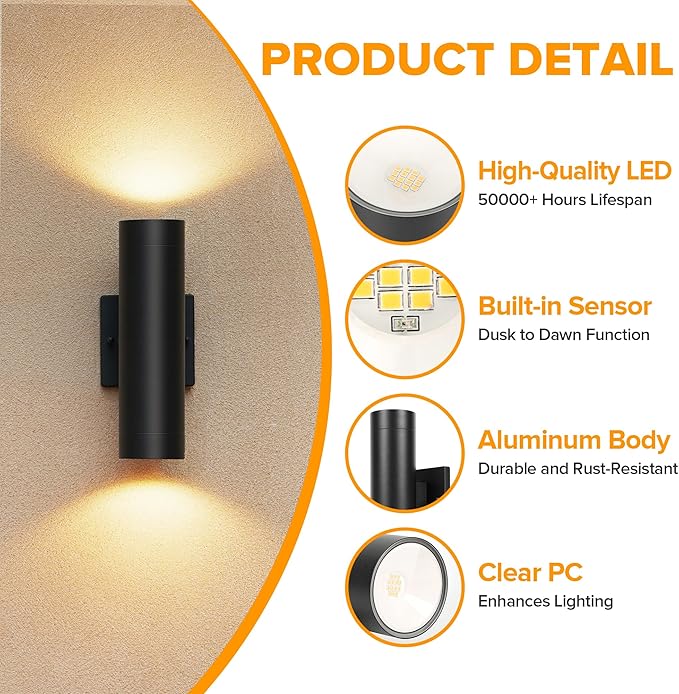 LUTEC Dusk to Dawn Outdoor Wall Lights, 16W Integrated LED Cylinder Up-Down - Image 4