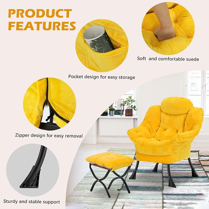 Lazy Chair with Folding Ottoman, Leisure Sofa Chair, Soft Fabric Armchair with - Image 5