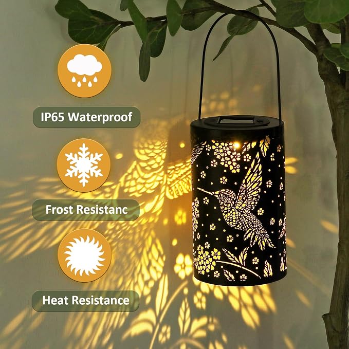 Hummingbird Solar Lantern Outdoor Hanging Waterproof LED Lights, Metal Bird - Image 3