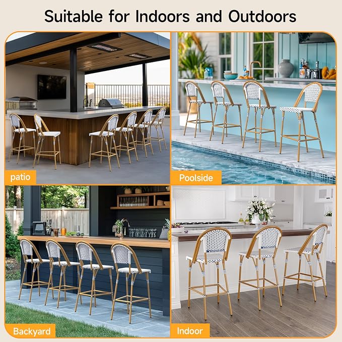 ONBRILL French Bar Stool Set of 2, Wicker Bar Height Stool 29" - Image 8
