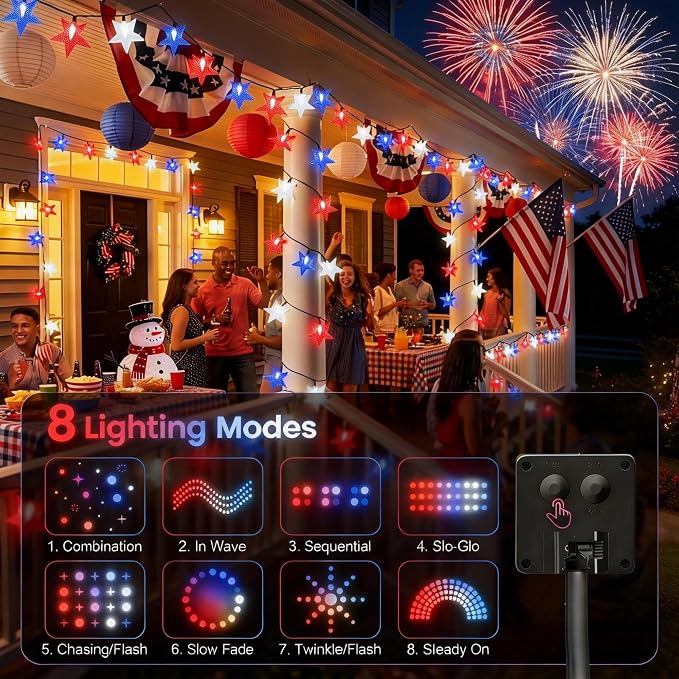 4th of July Twinkle Solar Star String Lights Decorations Outdoor Waterproof - Image 5