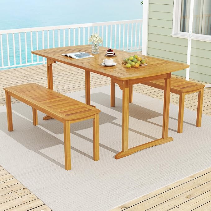 Tangkula 3 Piece Acacia Wood Patio Dining Table Set, Farmhouse Indoor Outdoor - Image 3