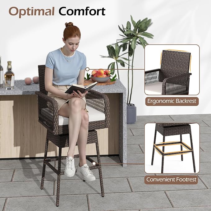 ORALNER Outdoor Wicker Swivel Bar Stools Set of 4, Footrest & Seat Cushion - Image 6
