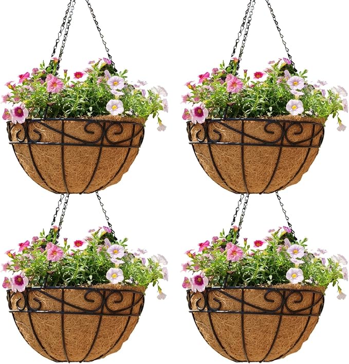4 Pack 12 Inch Hanging Baskets for Plants Outdoor Metal Hanging Planter Hanging by Qusuxi