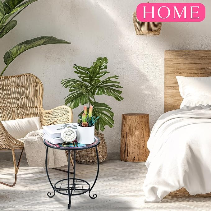 Outdoor Side Table Round Small Mosaic Patio Accent Indoor End Plant Coffee Tea - Image 2
