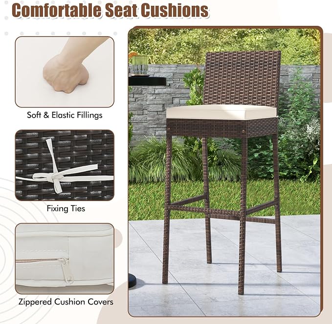 HAPPYGRILL Wicker Patio Barstools Set of 2, Outdoor Rattan Bar Chairs - Image 6
