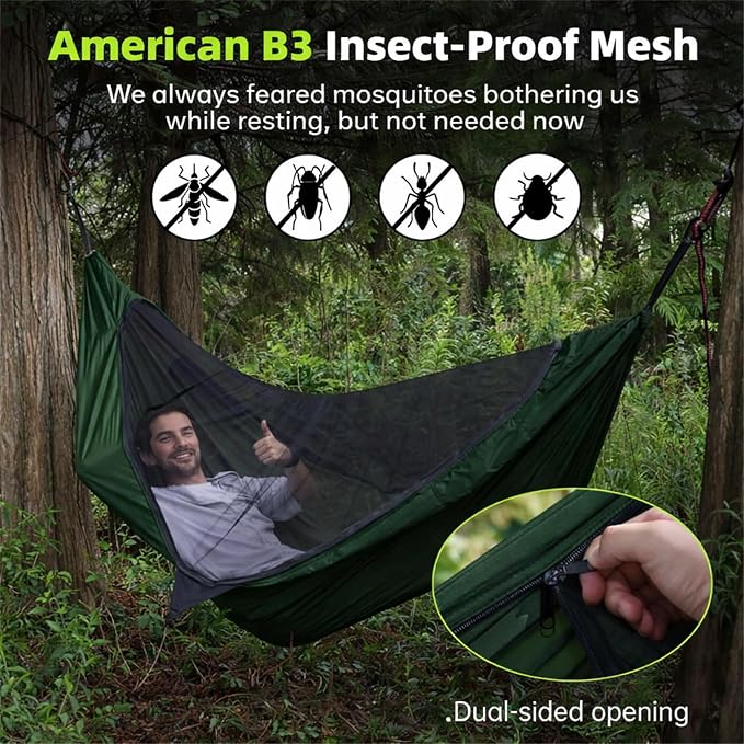 Camping Hammock with Mosquito Net, 2 Person Hammock Bug Net, Parachute Nylon - Image 2