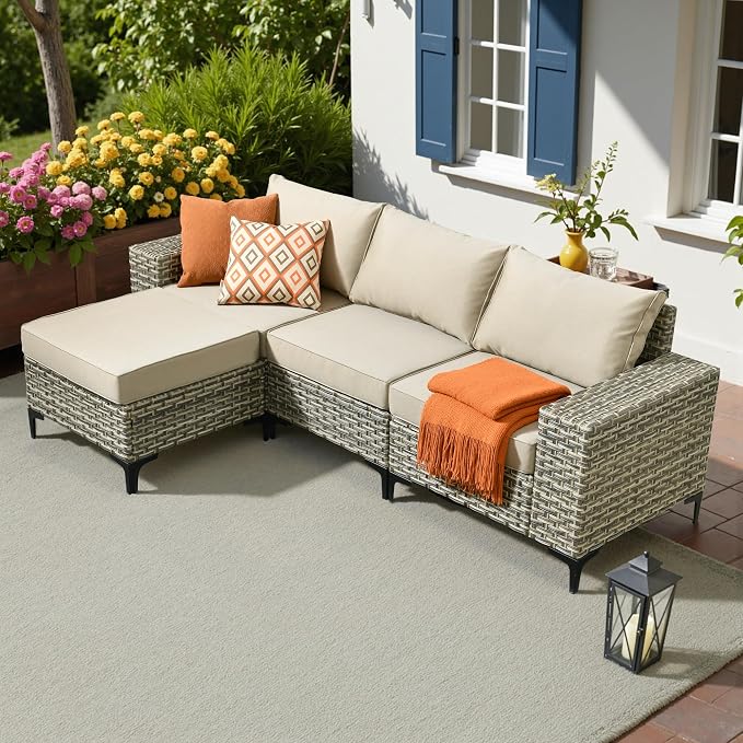 HOOOWOOO Outdoor Sectional Furniture Set, 4 Pieces Wicker Patio Conversation by DesignforBetterLife