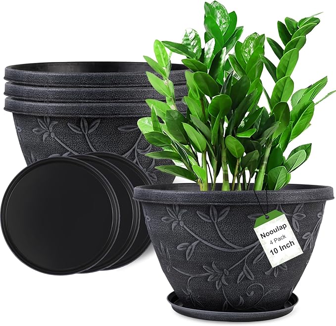 4 Pack 10 Inch Plant Pot for Outdoor Indoor, Plastic Flower Pots by Nooulap