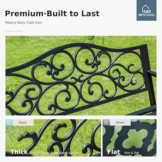 MFSTUDIO 50 Inches Outdoor Garden Bench, Cast Iron Metal Frame Patio Park Bench - Image 6