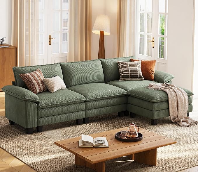 LINSY HOME 123'' Modular Sectional Sofa Green Couch Corduroy Cloud Couches by LINSYHOME