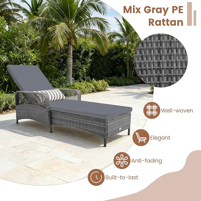 Tangkula Wicker Chaise Lounge Outdoor Set of 2, Patio Rattan Reclining Chaise - Image 6