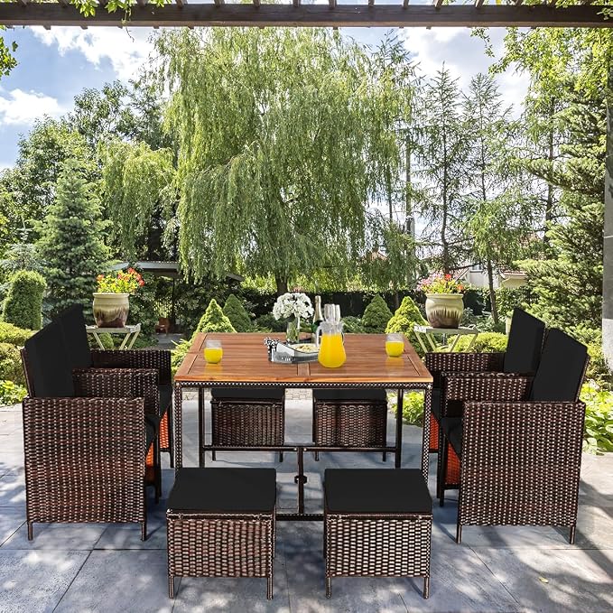 Tangkula 9 Pieces Acacia Wood Patio Dining Set, Space Saving Wicker Chairs and - Image 5