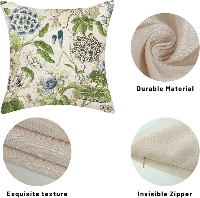 Sage Green Boho Pillow Covers 18x18 Inch 2 Pcs Blue Green Vintage Floral Bird - Image 7