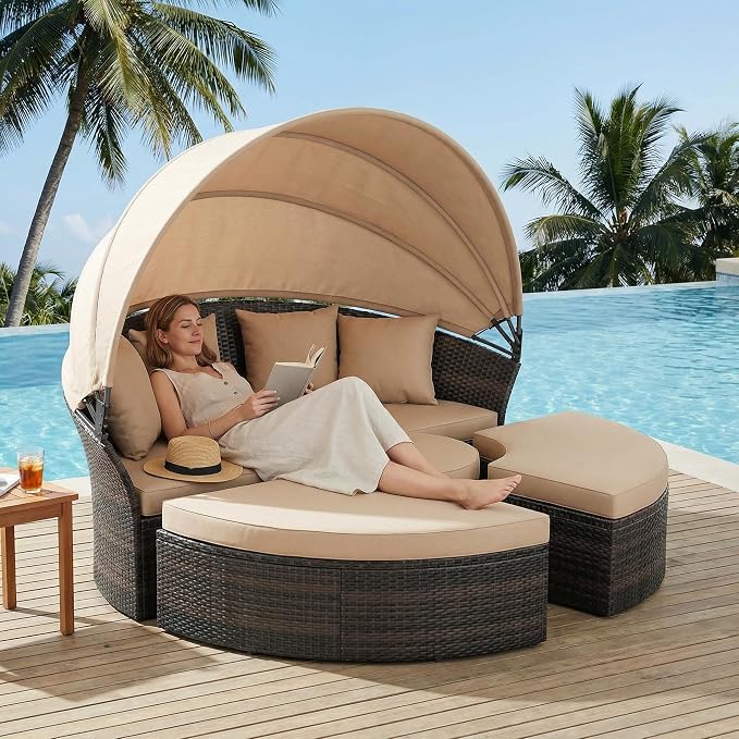 Outdoor Patio Daybed with Retractable Canopy, Wicker Rattan Sectional Round - Image 6