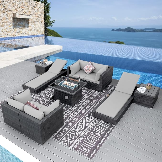 NICESOUL 9 Piece Patio Furniture Set wtih Firepit, Extra-Large Outdoor Sectional by NICESOUL