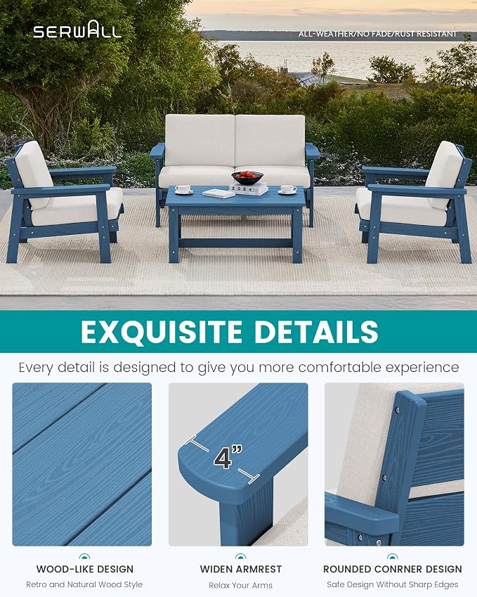 SERWALL 4 Piece HDPE Outdoor Furniture Set, All Weather Wood-Like Outdoor Sofa - Image 4