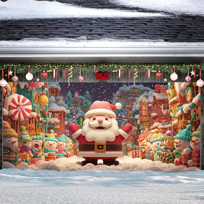 Cute Santa Christmas Garage Door Decorations 6x13FT, Cartoon Snowman Town - Image 7