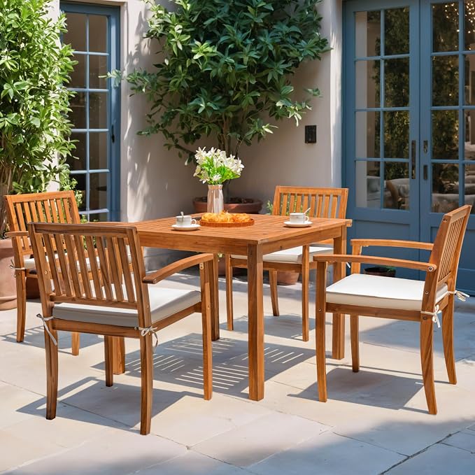 Flamaker 5 Piece Outdoor Dining Set Acacia Wood Patio Table and Chairs - Image 2