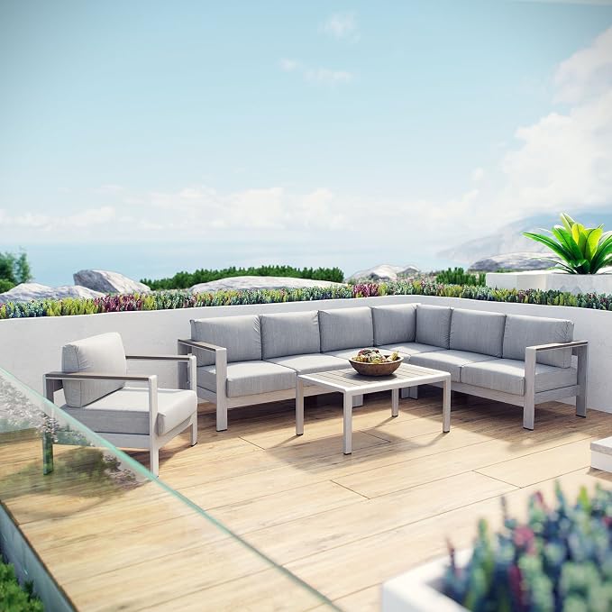 Modway Shore 6-Piece Aluminum Outdoor Patio Sectional Sofa Set in Silver Gray - Image 2
