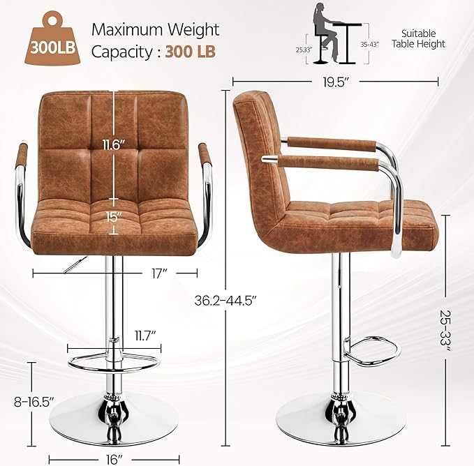 Yaheetech Bar Stools Set of 2, PU Leather Adjustable Swivel Barstools, - Image 3