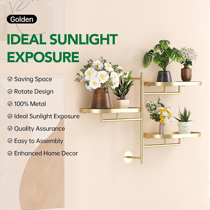 Rotating Window Wall Plant Shelves Stand Holder, 3 Tiered Metal Gold Floating - Image 3