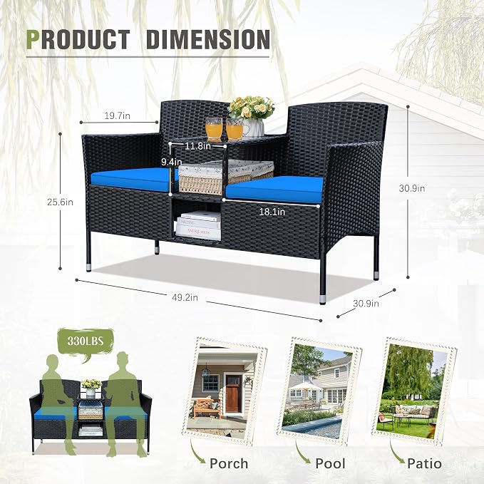 Greesum Patio Loveseat Outdoor Wicker Furniture Conversation Set - Image 7